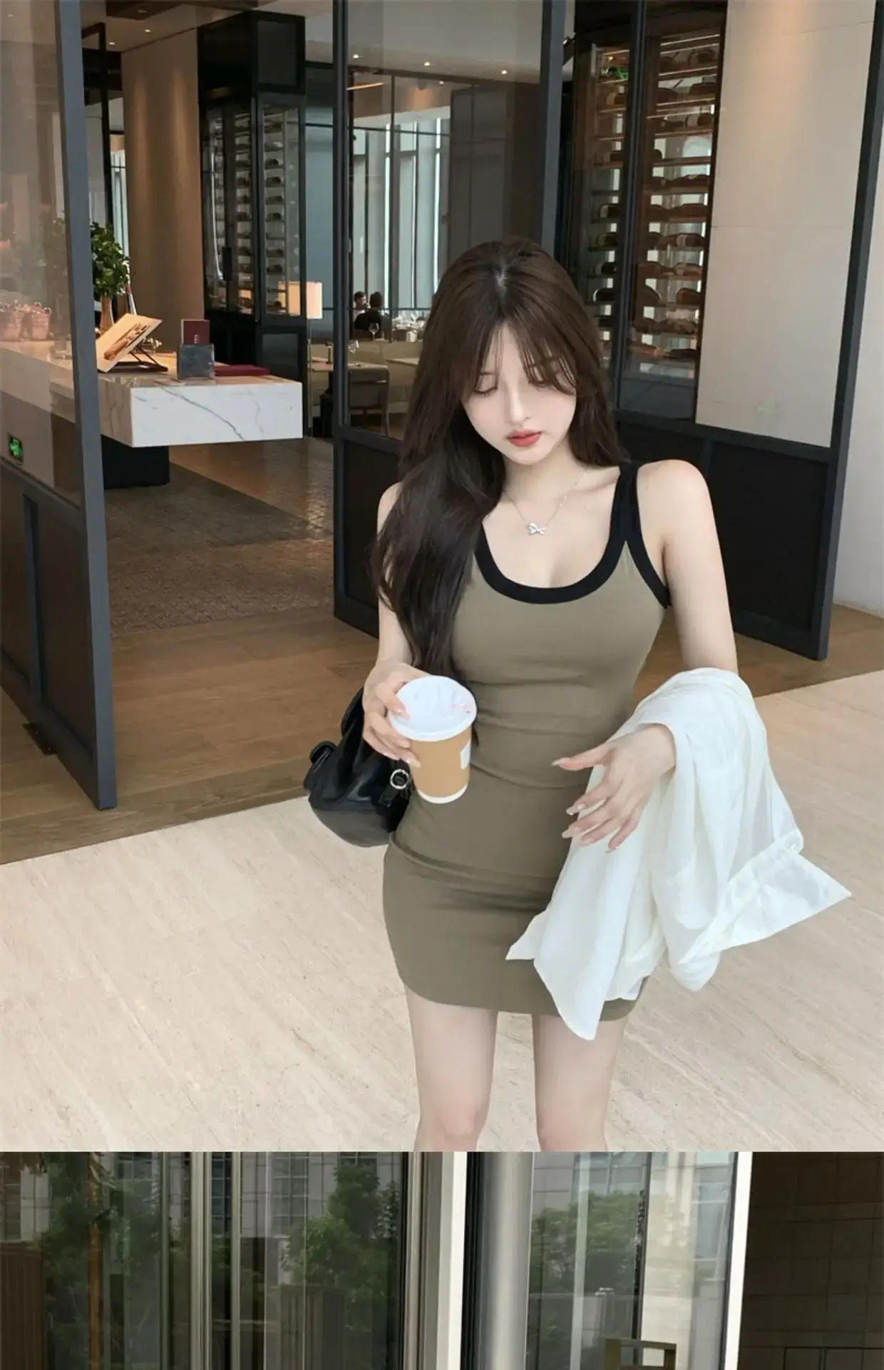 Women's Camisole Dress Black Top Olive Skirt Set — feature 3