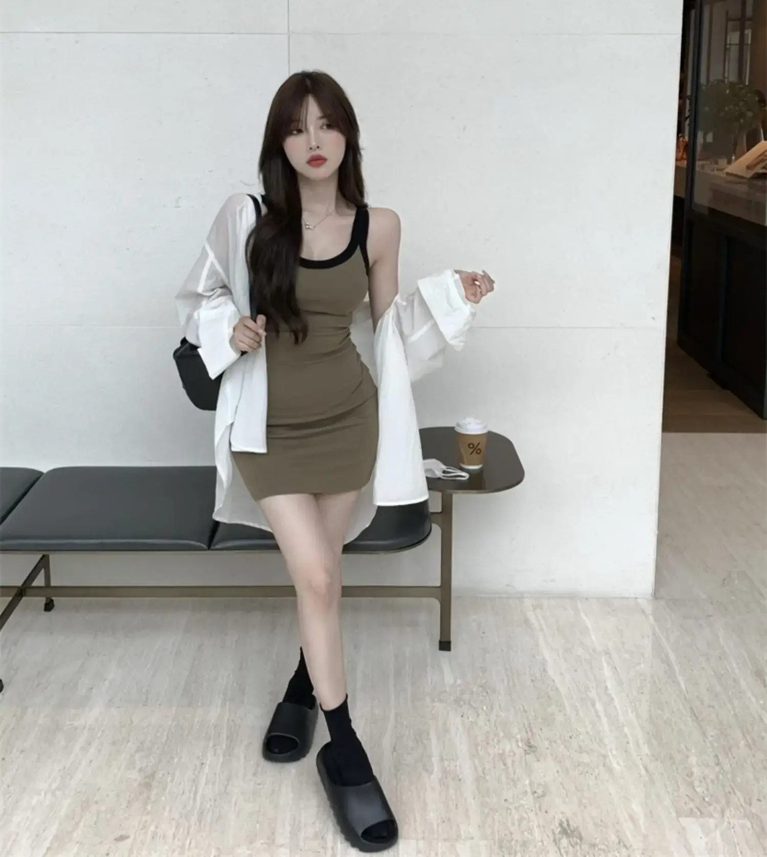 Women's Camisole Dress Black Top Olive Skirt Set — feature 9