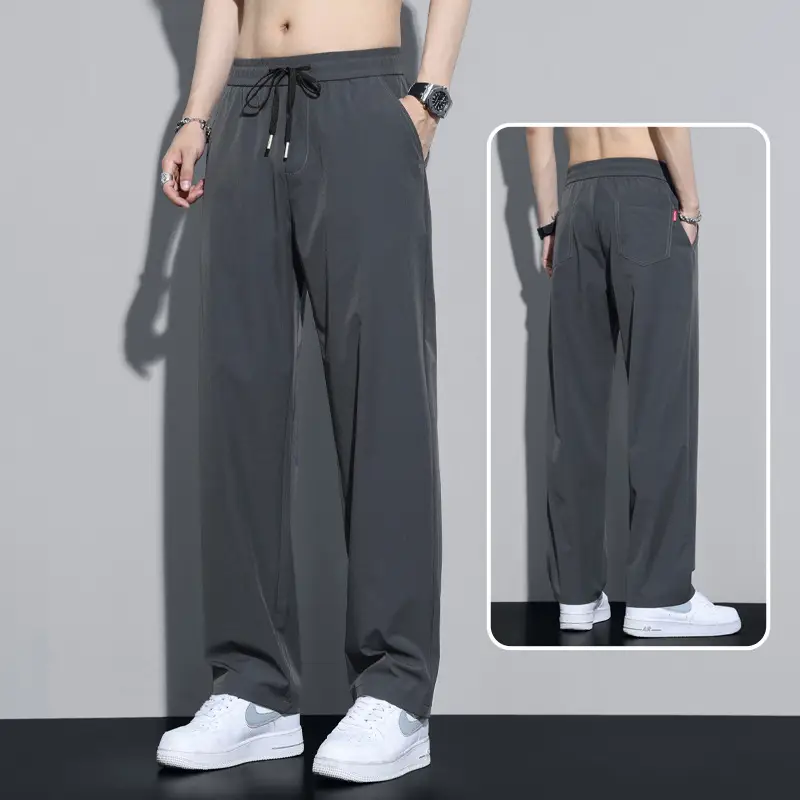 Men Black Ice Silk Casual Trousers Quick Dry Loose Straight Drape - Image 2