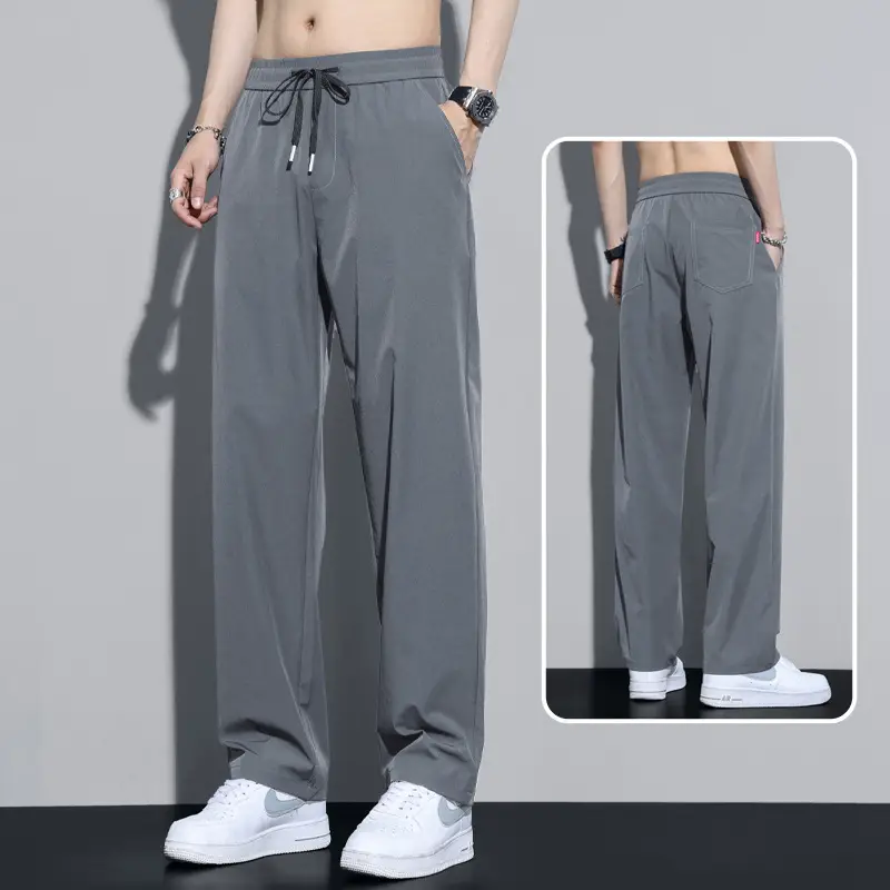 Men Black Ice Silk Casual Trousers Quick Dry Loose Straight Drape - Image 3