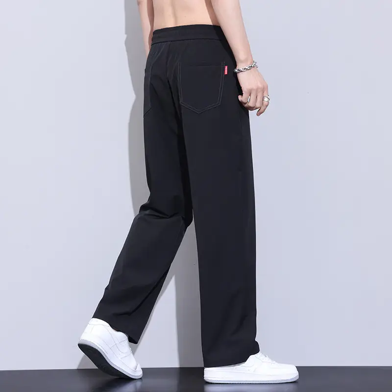 Men Black Ice Silk Casual Trousers Quick Dry Loose Straight Drape - Image 4