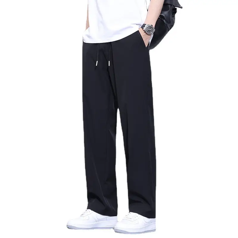 Men Black Ice Silk Casual Trousers Quick Dry Loose Straight Drape - Image 5