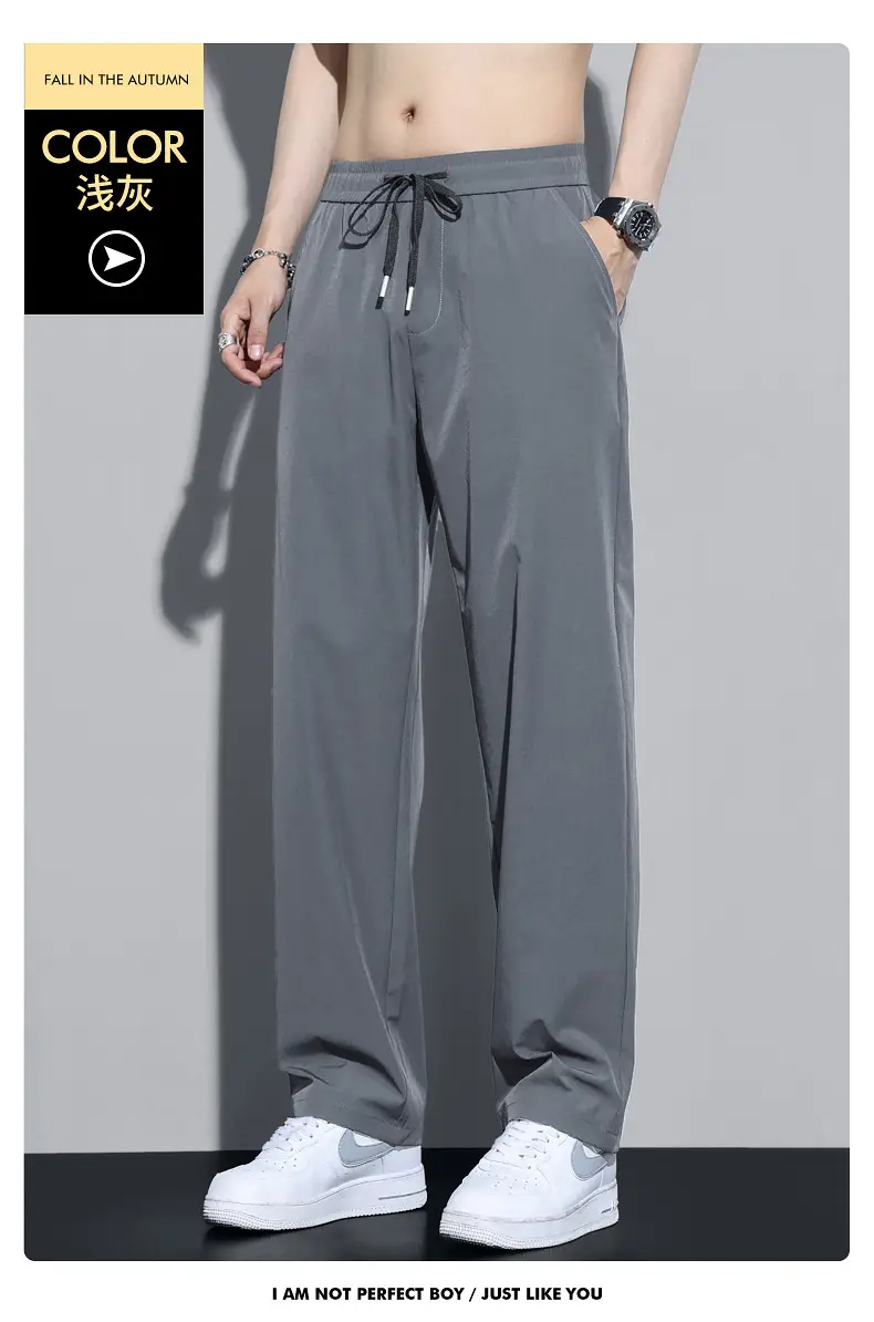 Men Black Ice Silk Casual Trousers Quick Dry Loose Straight Drape — feature 10
