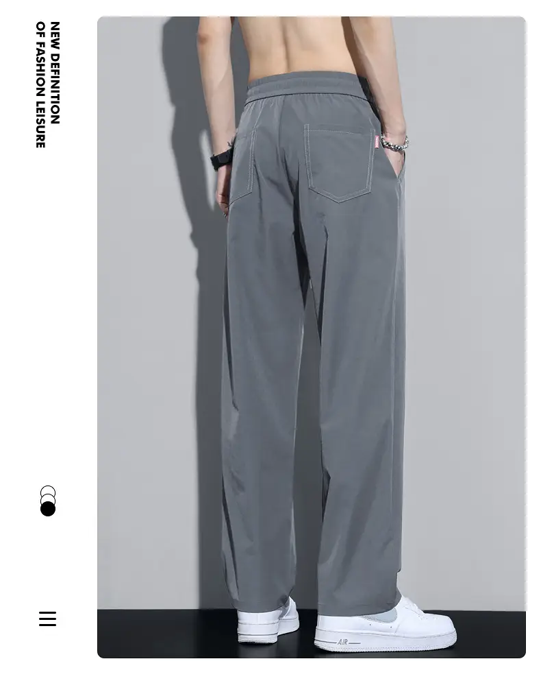 Men Black Ice Silk Casual Trousers Quick Dry Loose Straight Drape — feature 12
