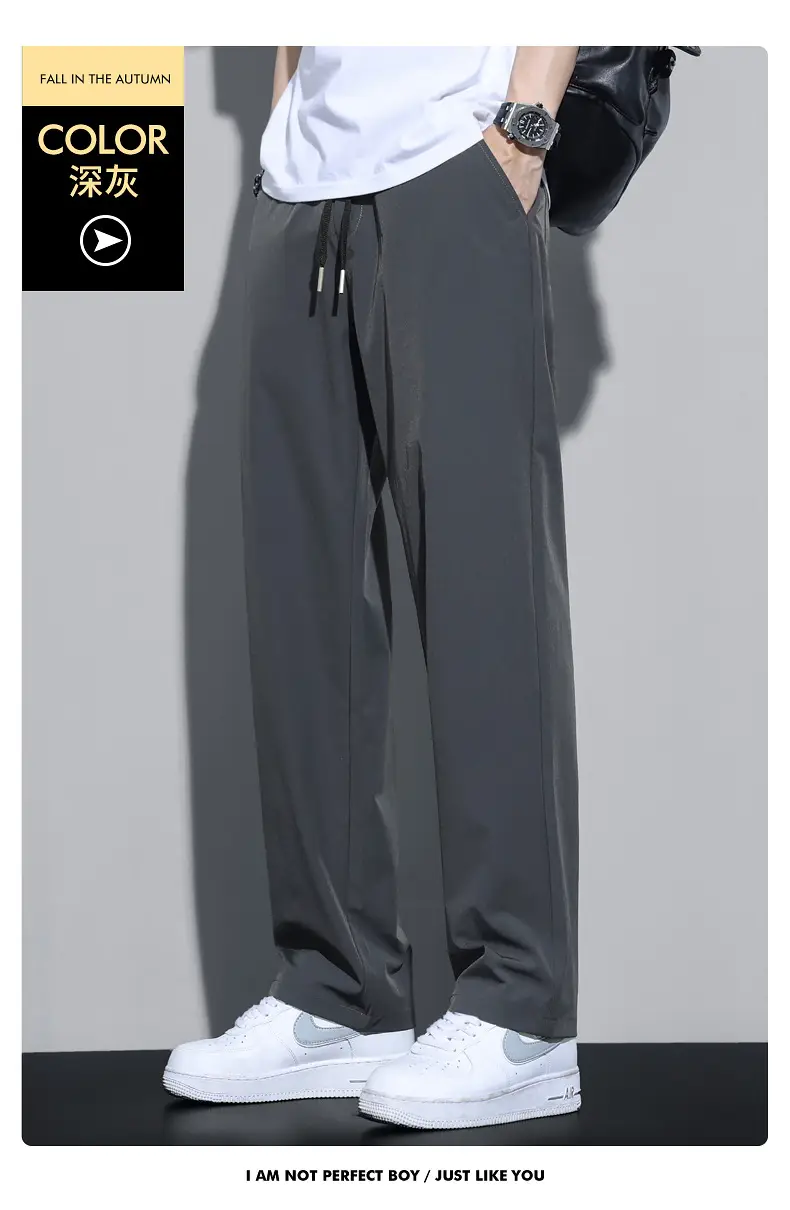 Men Black Ice Silk Casual Trousers Quick Dry Loose Straight Drape — feature 13