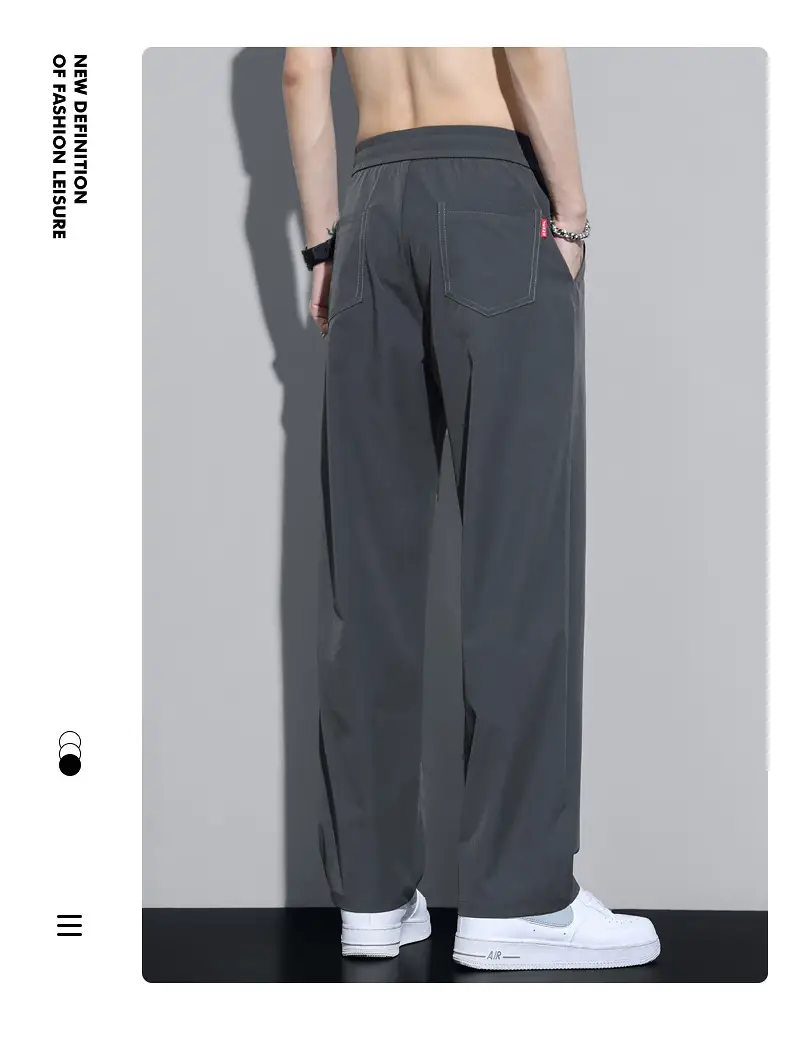 Men Black Ice Silk Casual Trousers Quick Dry Loose Straight Drape — feature 15