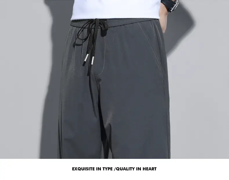 Men Black Ice Silk Casual Trousers Quick Dry Loose Straight Drape — feature 17