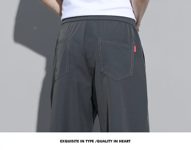 Men Black Ice Silk Casual Trousers Quick Dry Loose Straight Drape — feature 18
