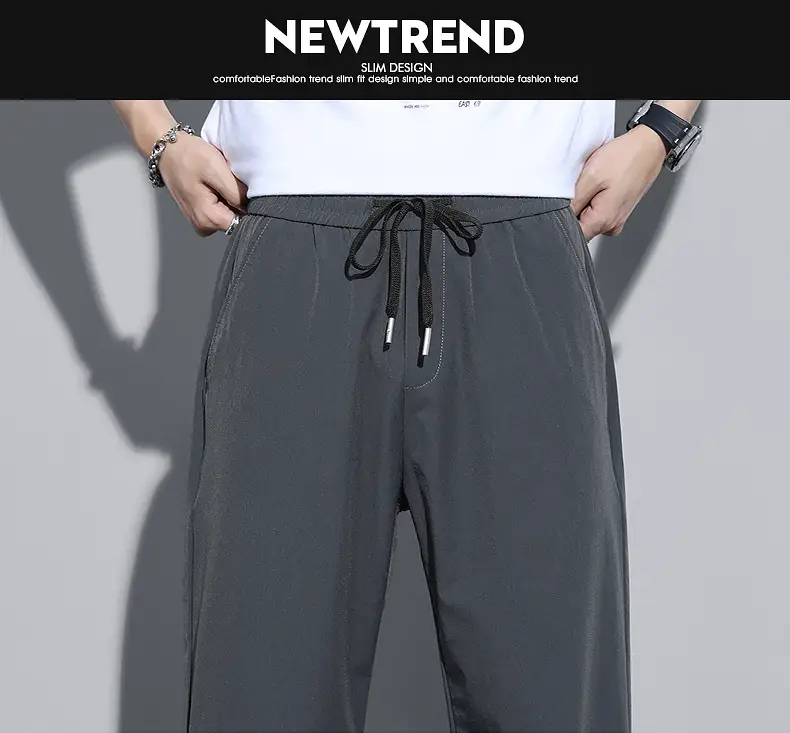Men Black Ice Silk Casual Trousers Quick Dry Loose Straight Drape — feature 3