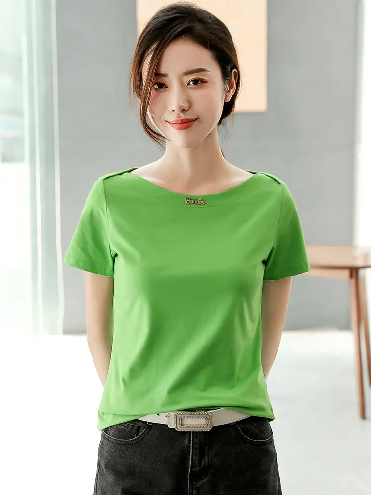 Women's 2025 Black Short Sleeve T-Shirt with One-Line Collar - Image 5