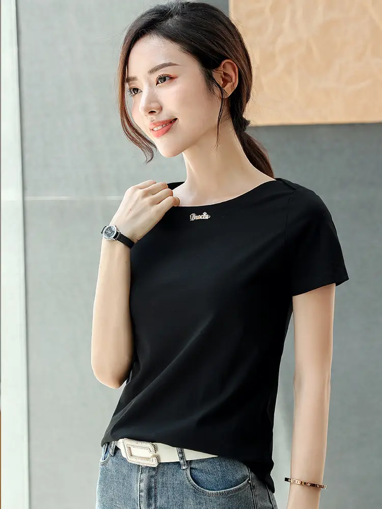 Women's 2025 Black Short Sleeve T-Shirt with One-Line Collar - Image 6