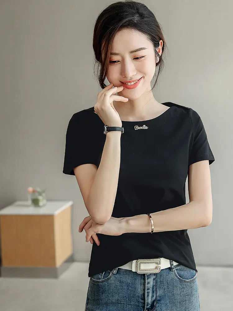 Women's 2025 Black Short Sleeve T-Shirt with One-Line Collar - Image 7