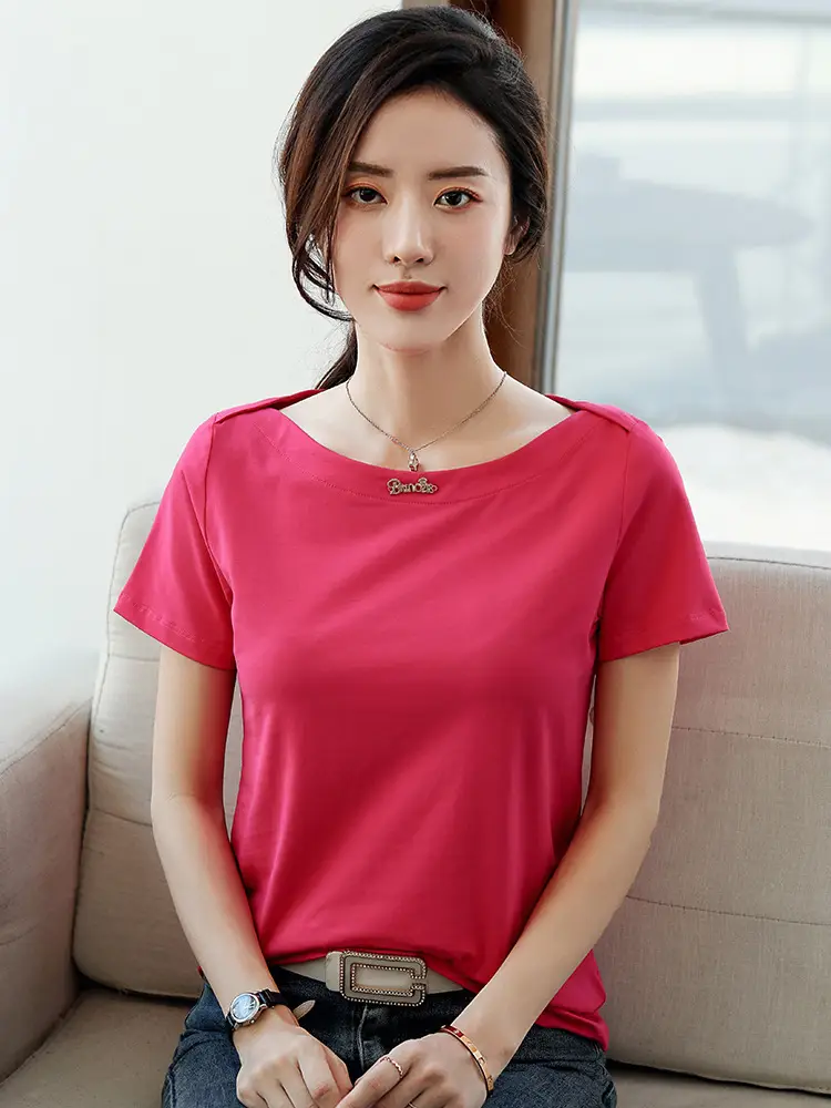 Women's 2025 Black Short Sleeve T-Shirt with One-Line Collar - Image 8