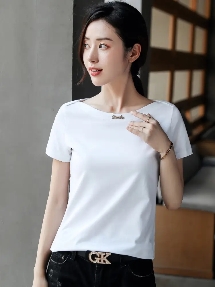 Women's 2025 Black Short Sleeve T-Shirt with One-Line Collar - Image 9