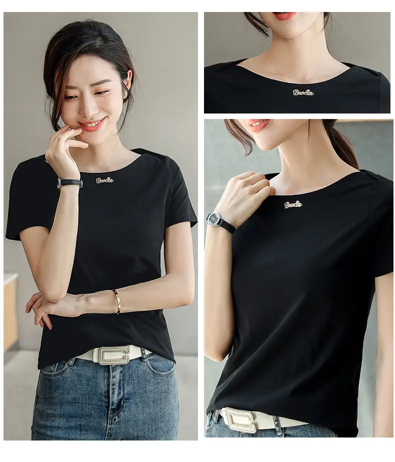 Women's 2025 Black Short Sleeve T-Shirt with One-Line Collar — feature 10