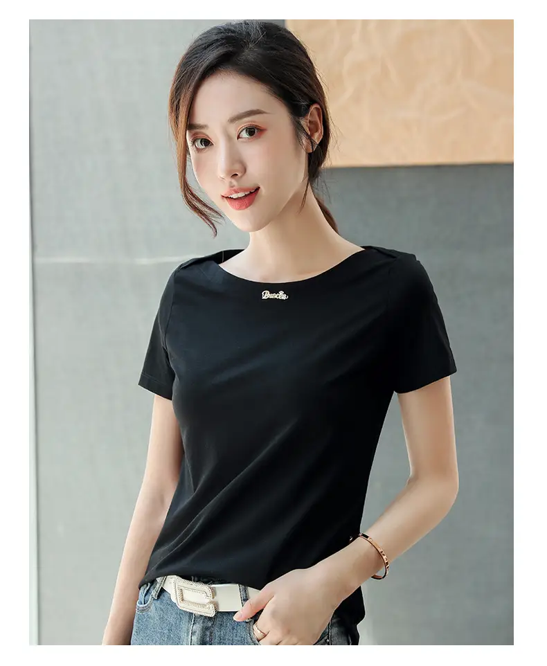 Women's 2025 Black Short Sleeve T-Shirt with One-Line Collar — feature 11