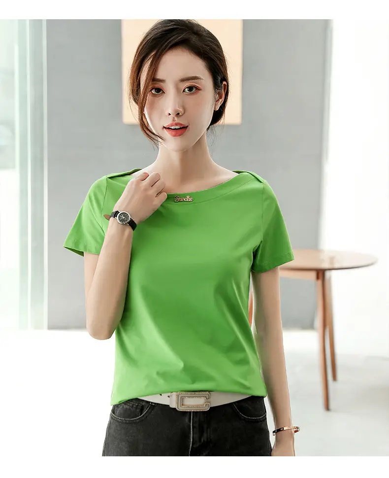 Women's 2025 Black Short Sleeve T-Shirt with One-Line Collar — feature 12