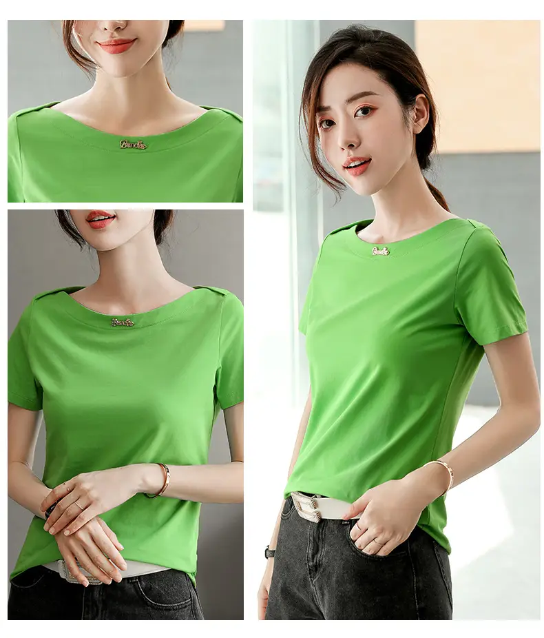 Women's 2025 Black Short Sleeve T-Shirt with One-Line Collar — feature 13