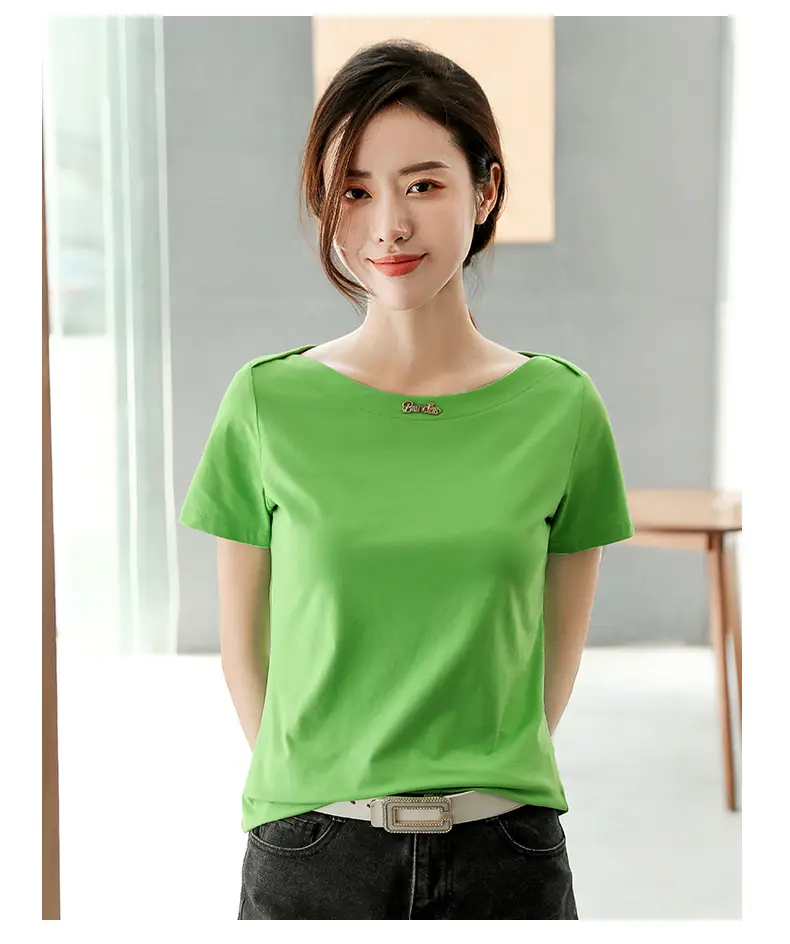 Women's 2025 Black Short Sleeve T-Shirt with One-Line Collar — feature 14