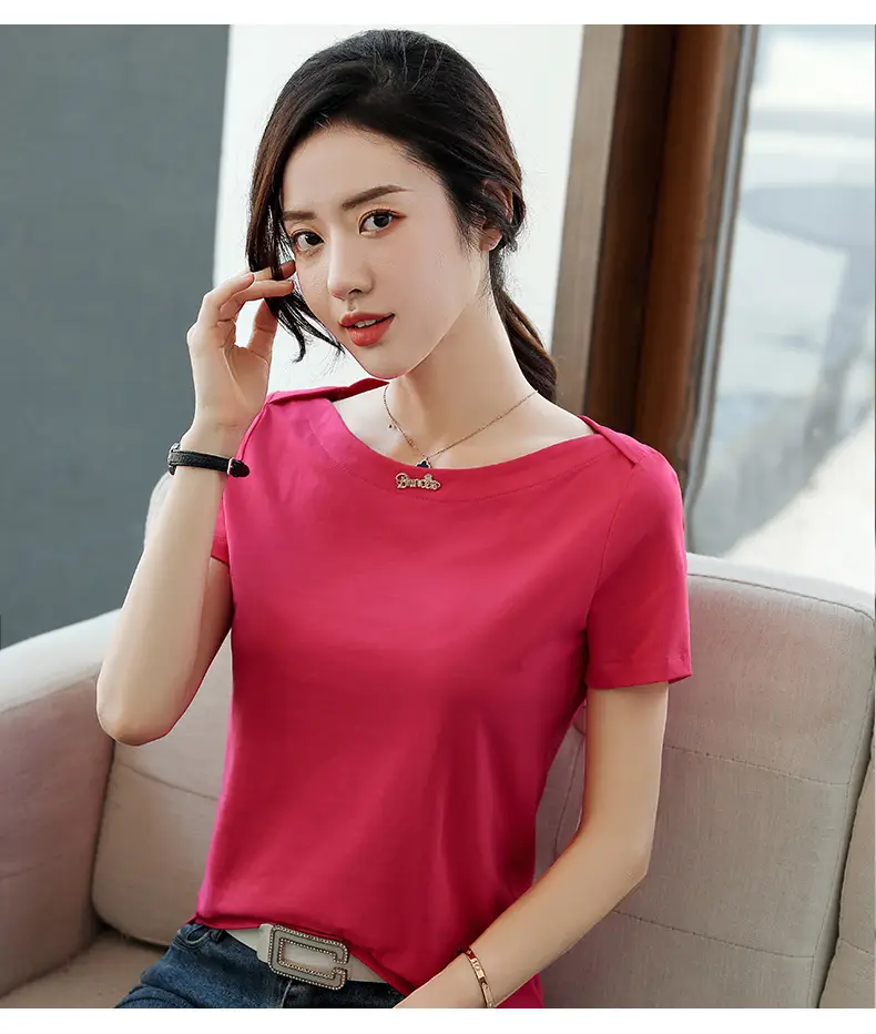 Women's 2025 Black Short Sleeve T-Shirt with One-Line Collar — feature 15
