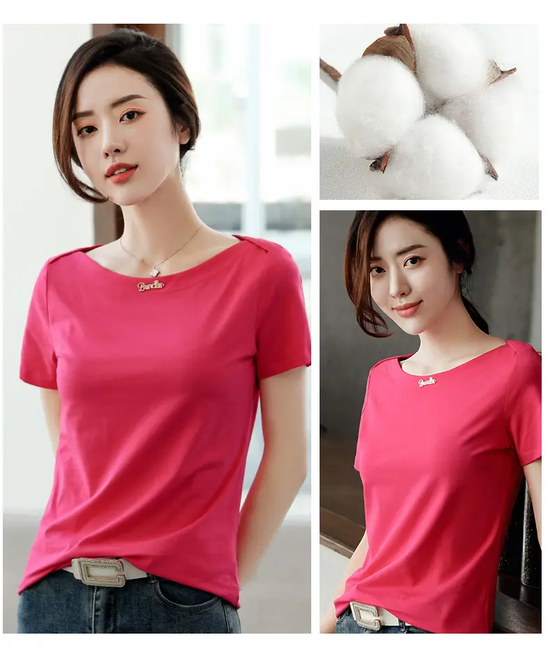 Women's 2025 Black Short Sleeve T-Shirt with One-Line Collar — feature 16