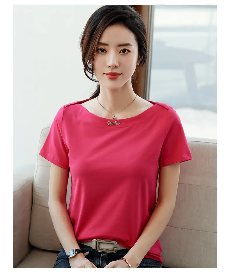 Women's 2025 Black Short Sleeve T-Shirt with One-Line Collar — feature 17