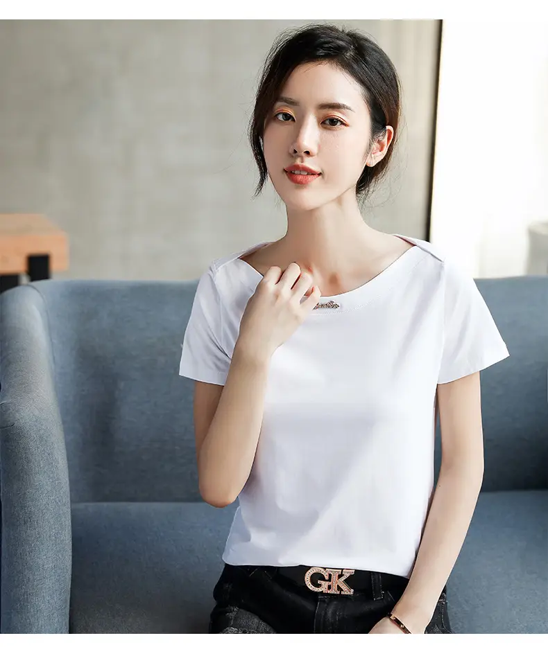 Women's 2025 Black Short Sleeve T-Shirt with One-Line Collar — feature 18
