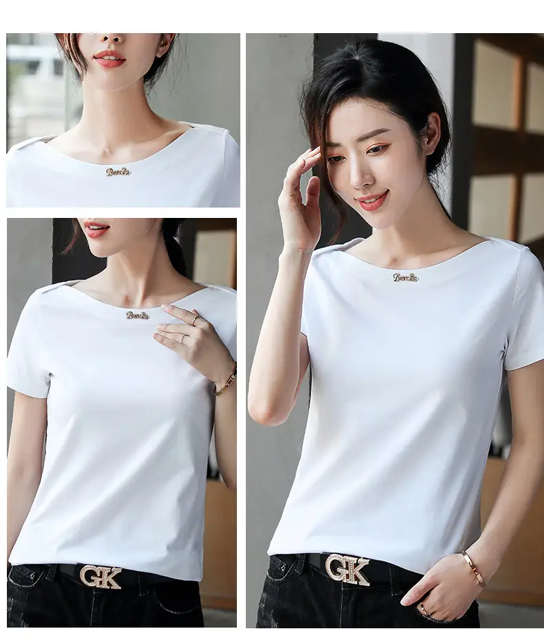 Women's 2025 Black Short Sleeve T-Shirt with One-Line Collar — feature 19