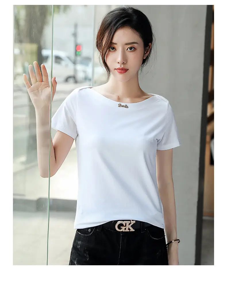 Women's 2025 Black Short Sleeve T-Shirt with One-Line Collar — feature 20