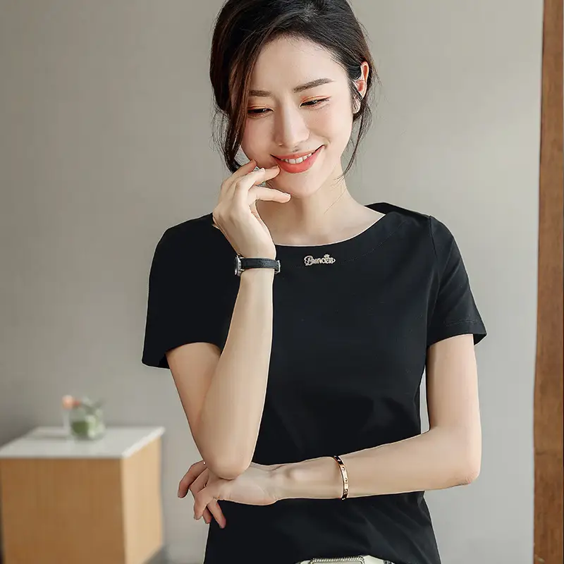 Women's 2025 Black Short Sleeve T-Shirt with One-Line Collar - Image 2