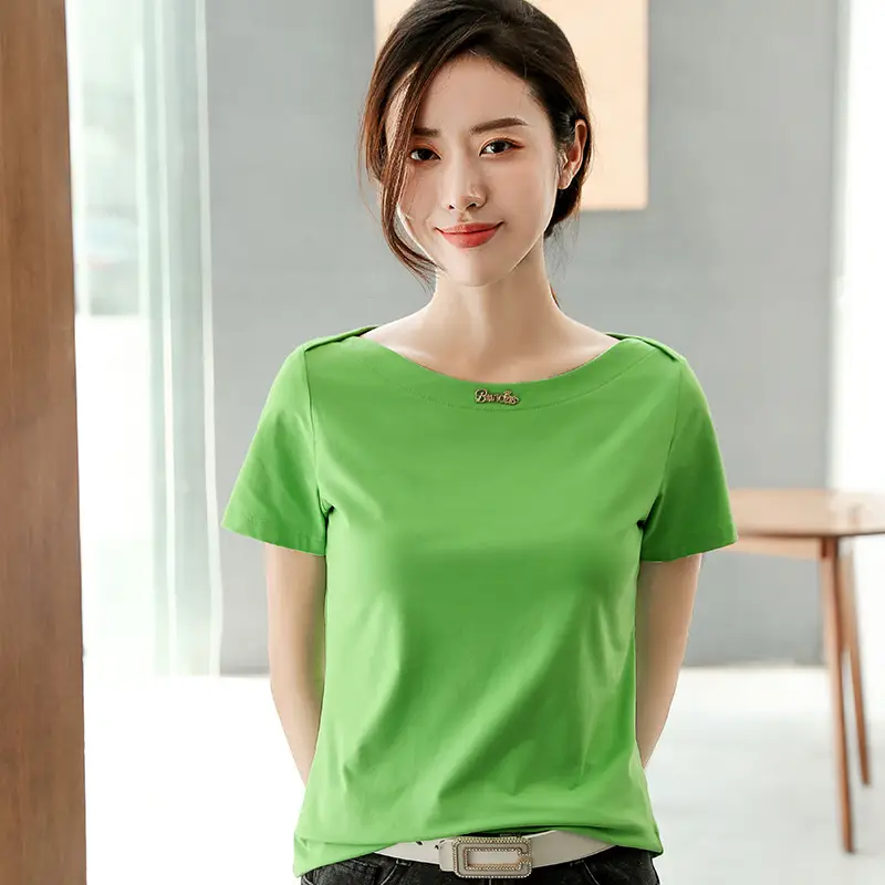 Women's 2025 Black Short Sleeve T-Shirt with One-Line Collar - Image 3