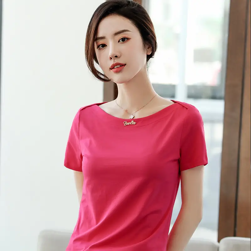 Women's 2025 Black Short Sleeve T-Shirt with One-Line Collar - Image 4
