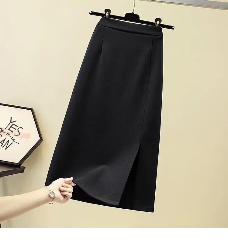 Black Split Skirt Large Women High Waist A Line — feature 3