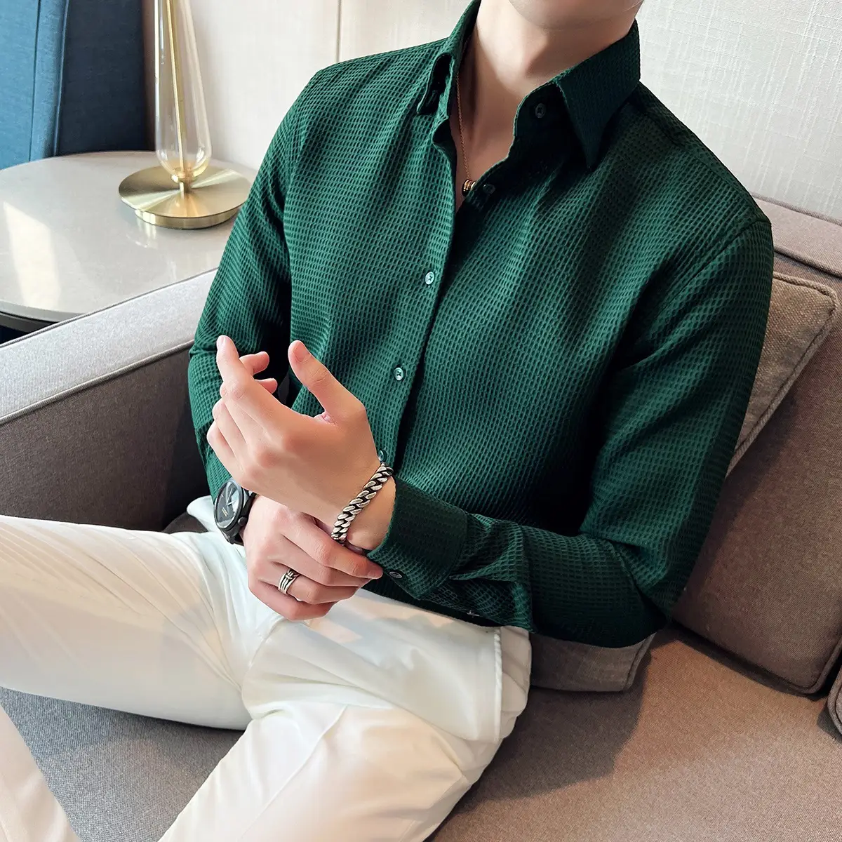 Men's 2023 Waffle Cotton Slim Fit Shirt White - Image 9