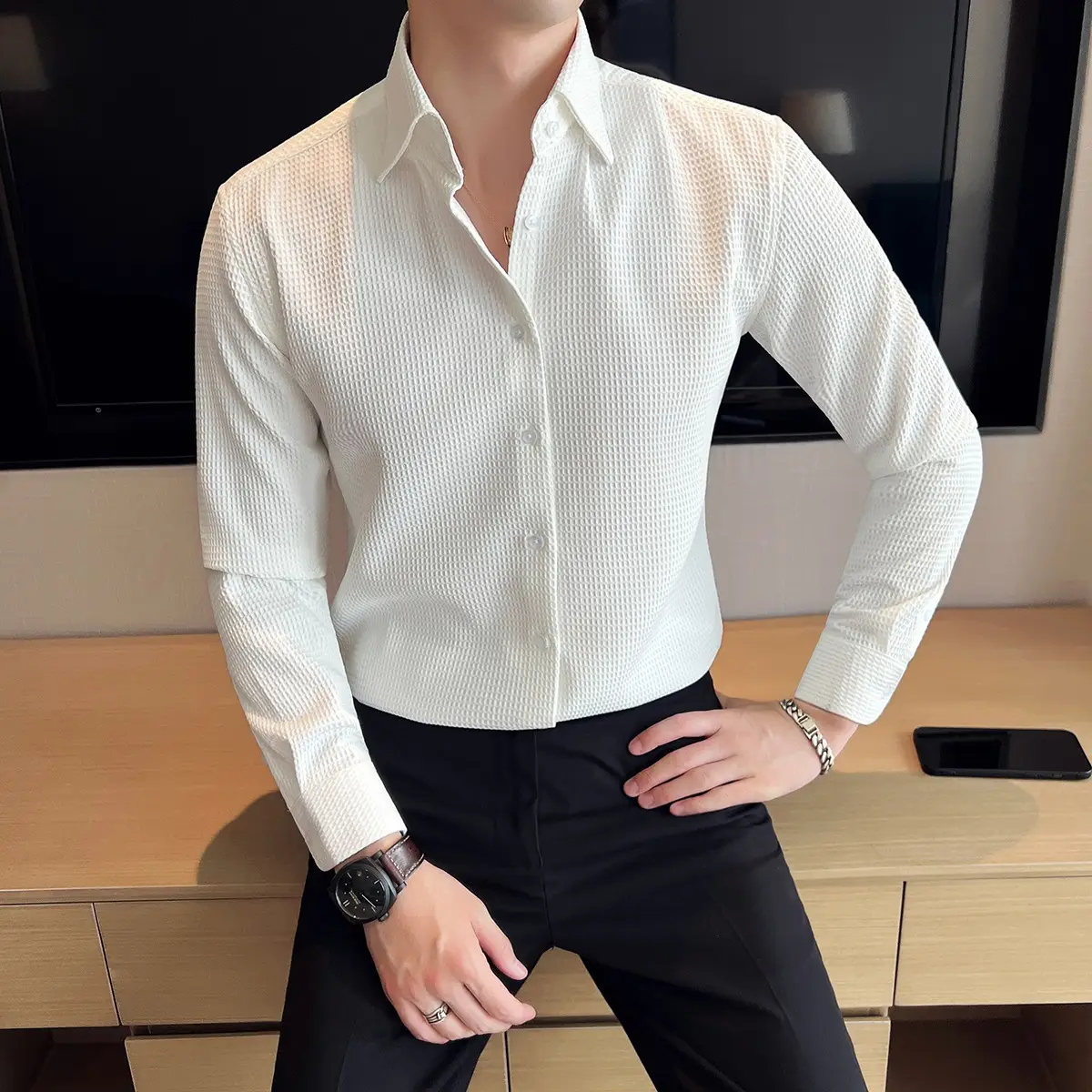 Men's 2023 Waffle Cotton Slim Fit Shirt White - Image 6