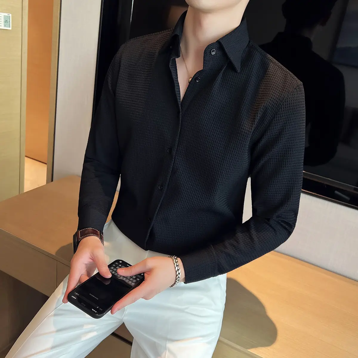 Men's 2023 Waffle Cotton Slim Fit Shirt White - Image 7