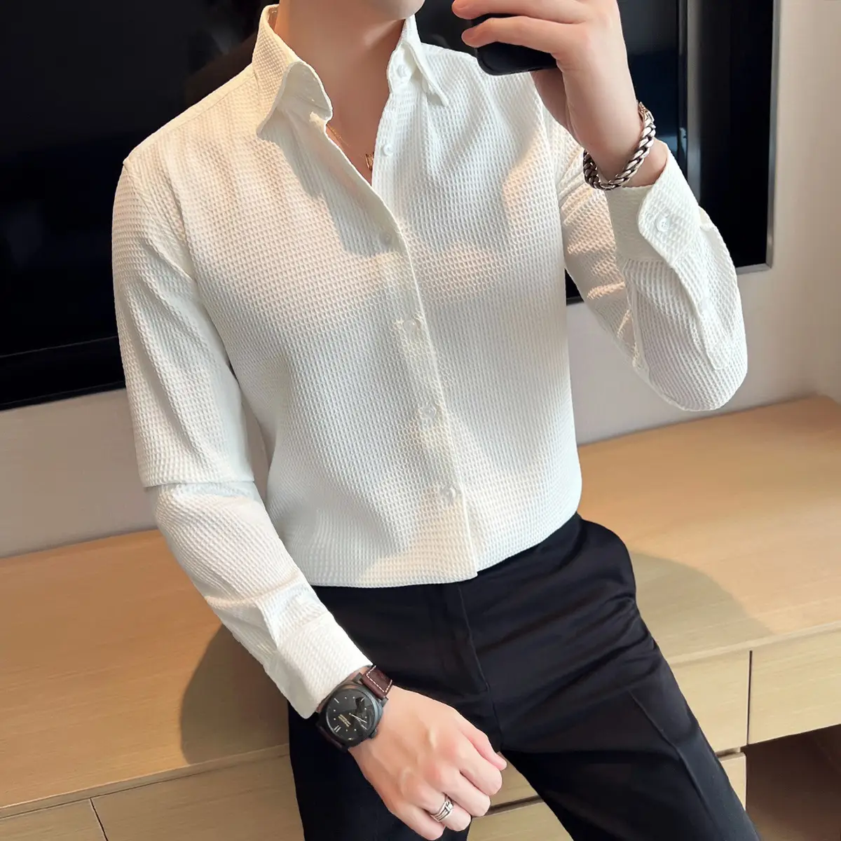 Men's 2023 Waffle Cotton Slim Fit Shirt White - Image 2