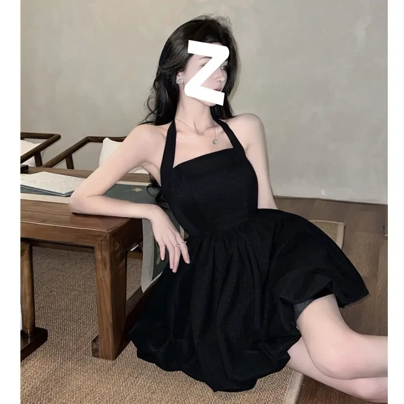 Black Halter Neck A-Line Short Skirt Dress for Women - Image 2