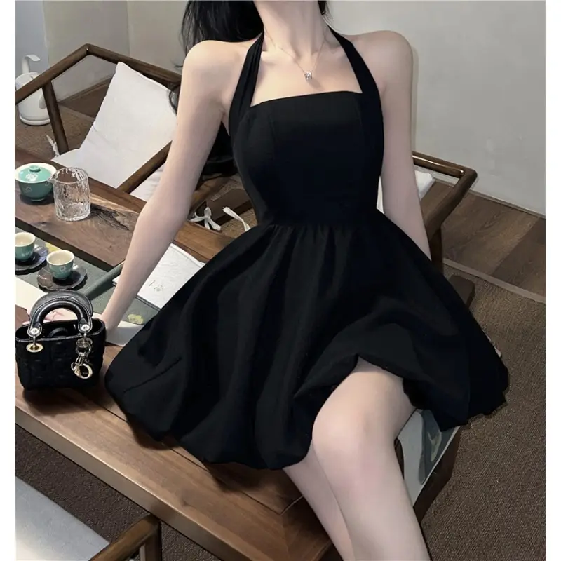 Black Halter Neck A-Line Short Skirt Dress for Women - Image 3