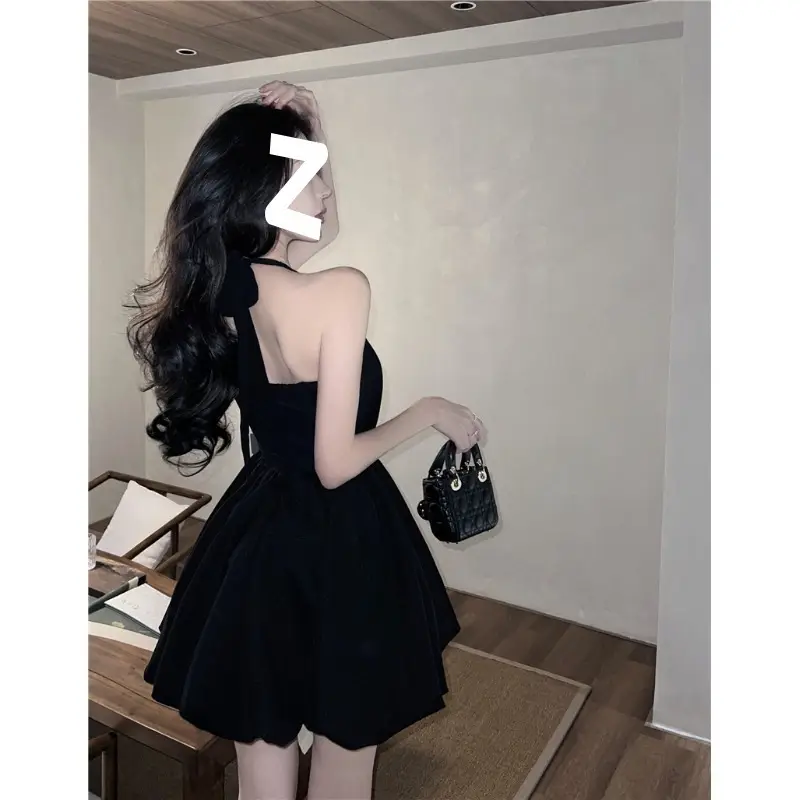 Black Halter Neck A-Line Short Skirt Dress for Women - Image 4