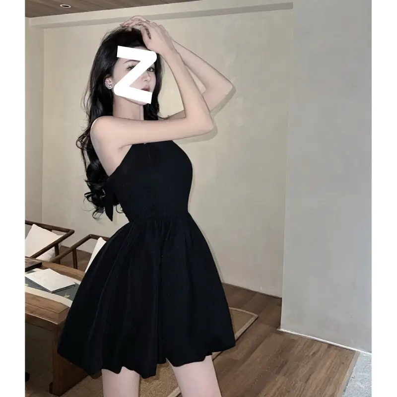 Black Halter Neck A-Line Short Skirt Dress for Women - Image 5