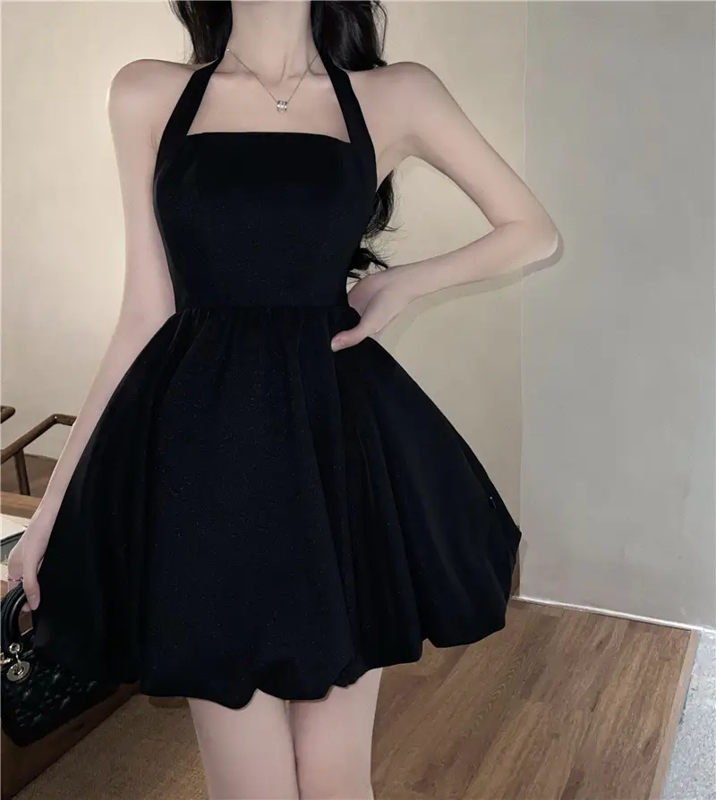 Black Halter Neck A-Line Short Skirt Dress for Women — feature 11