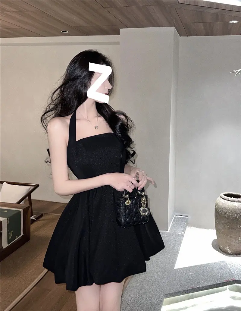 Black Halter Neck A-Line Short Skirt Dress for Women — feature 2