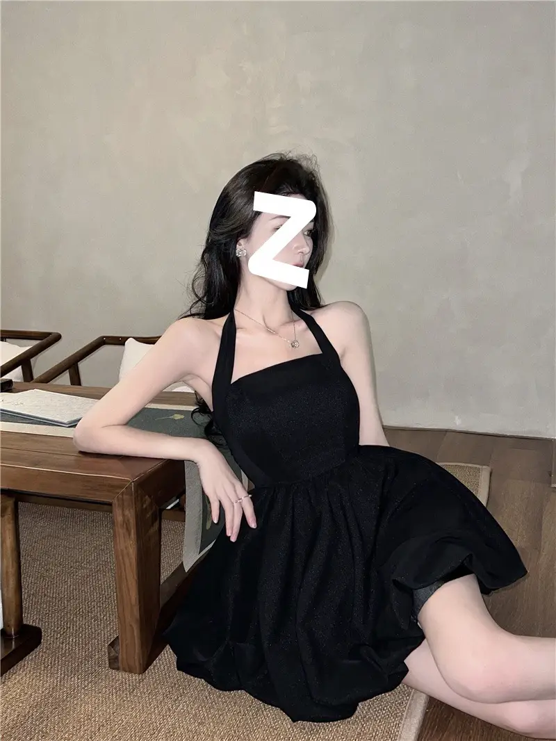 Black Halter Neck A-Line Short Skirt Dress for Women — feature 3