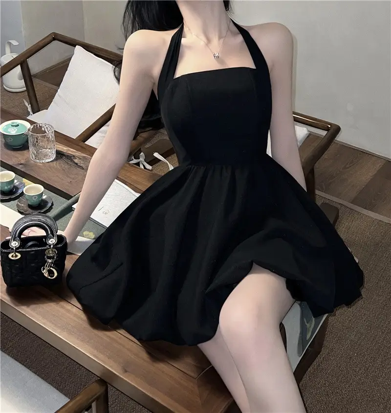 Black Halter Neck A-Line Short Skirt Dress for Women — feature 5