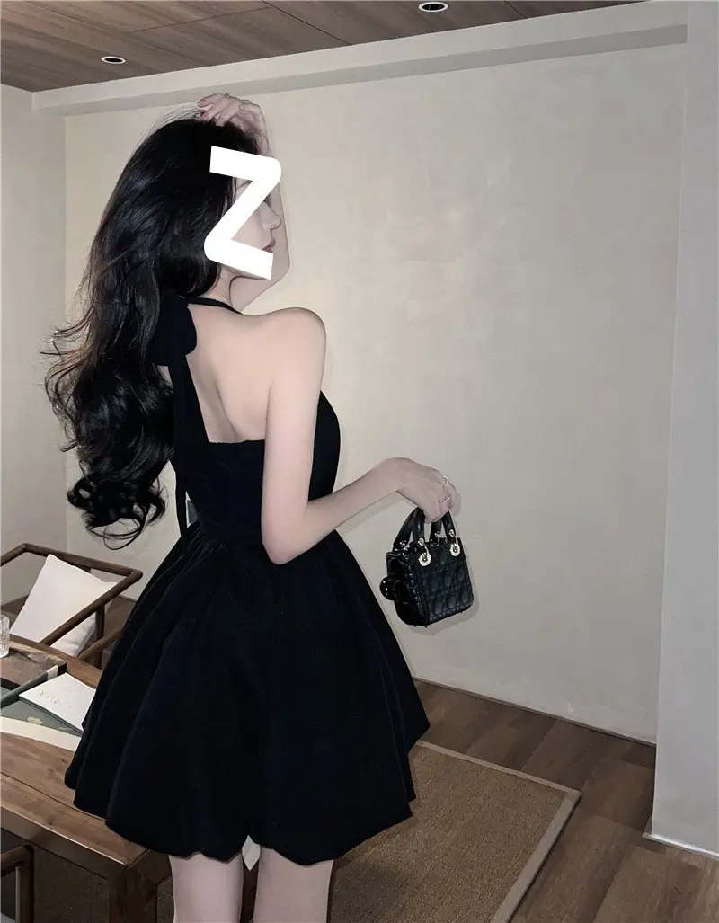 Black Halter Neck A-Line Short Skirt Dress for Women — feature 6
