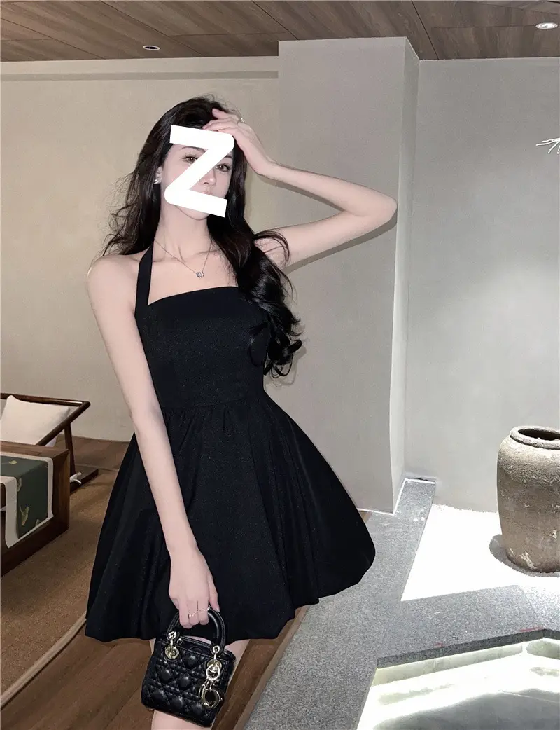 Black Halter Neck A-Line Short Skirt Dress for Women — feature 7