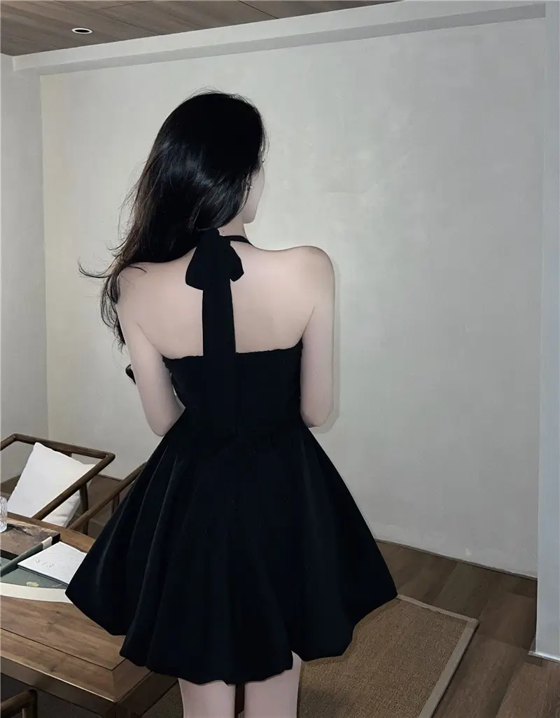 Black Halter Neck A-Line Short Skirt Dress for Women — feature 8