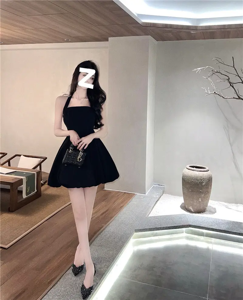 Black Halter Neck A-Line Short Skirt Dress for Women — feature 9