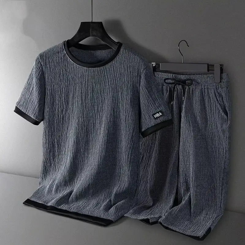 Men Black Ice Silk 2Pc Shorts Set Summer Casual — feature 1